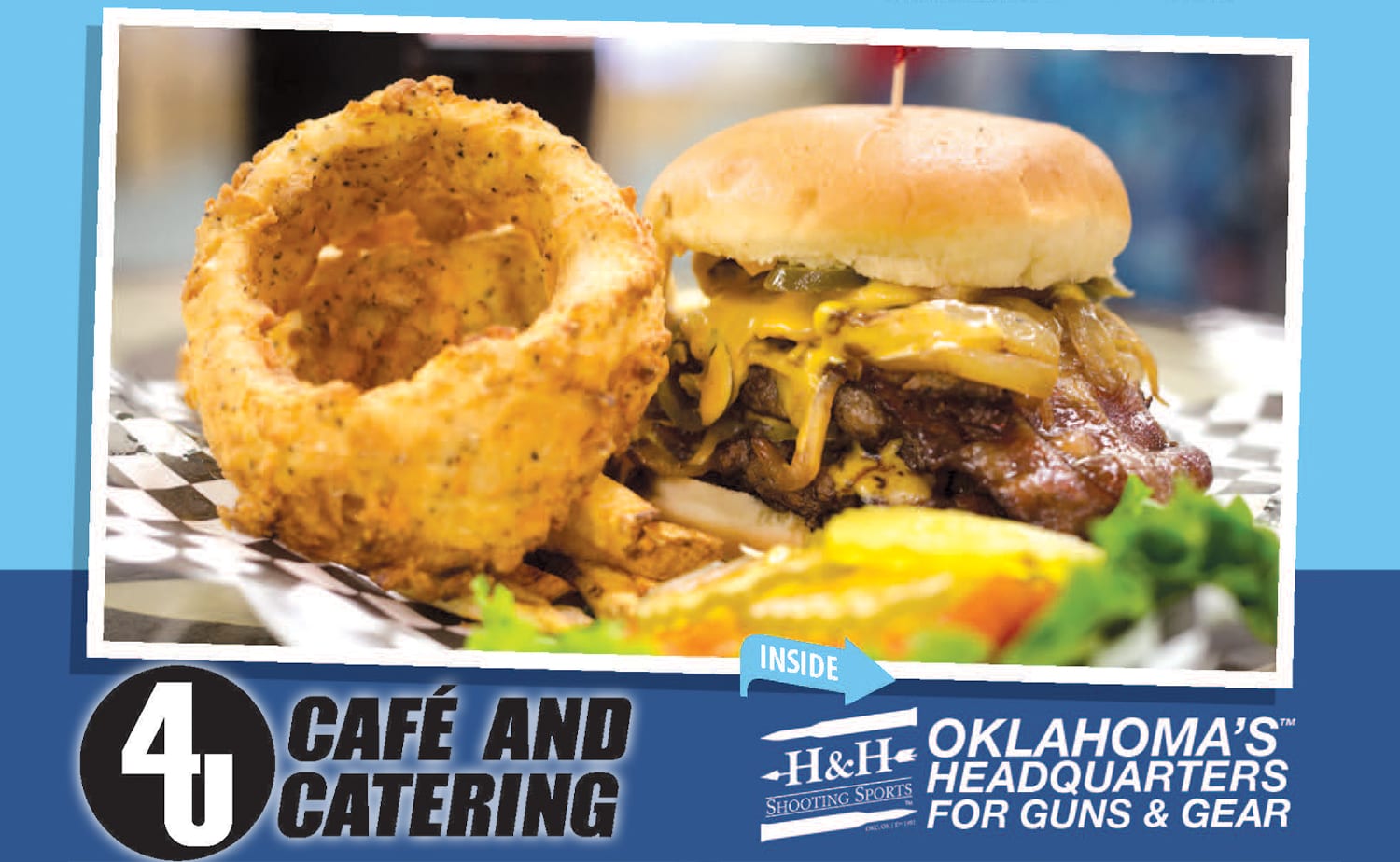 A Burger and Onion rings on a Plate, Labeled "Cafe and Catering Headquarters," Oklahoma City, OK