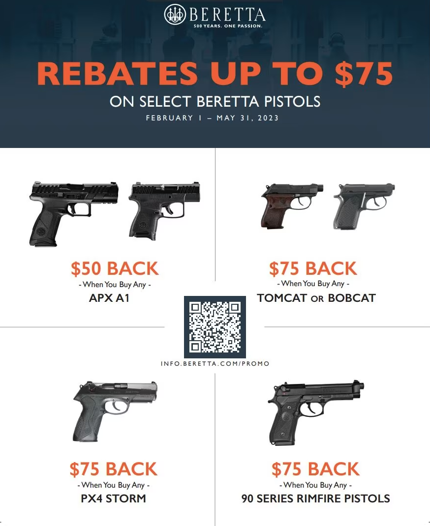 Beretta Rebates up to $75 back Feb 1st – May 31st 2023